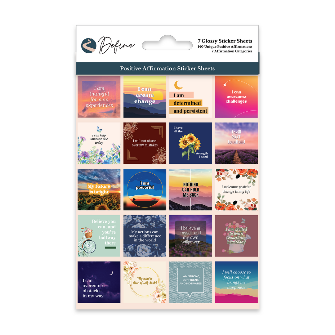 Positive Affirmation Stickers – Motivational & Uplifting set with 7 glossy sheets featuring 140 colorful quotes for confidence, gratitude, and mindfulness.