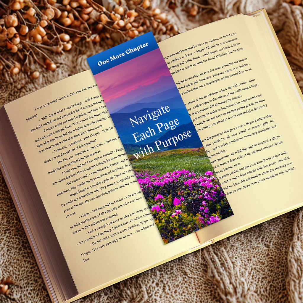 'One More Chapter' Bookmark placed on an open book with cozy autumn decor, perfect for enhancing your reading experience.