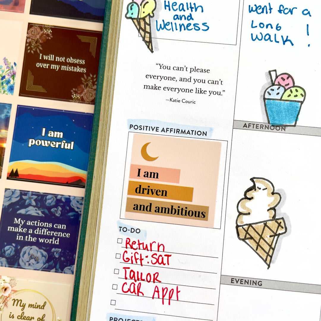 Positive Affirmation Stickers – Motivational & Uplifting used in a wellness planner, highlighting a motivational quote to inspire ambition and productivity.