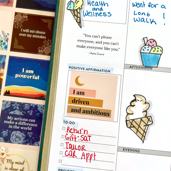 Positive Affirmation Stickers – Motivational & Uplifting used in a wellness planner, highlighting a motivational quote to inspire ambition and productivity.