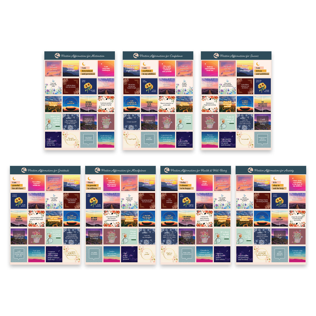 Full collection of Positive Affirmation Stickers – Motivational & Uplifting, organized by themes like gratitude, self-love, and focus across 7 sticker sheets.