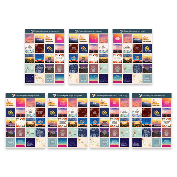 Full collection of Positive Affirmation Stickers – Motivational & Uplifting, organized by themes like gratitude, self-love, and focus across 7 sticker sheets.
