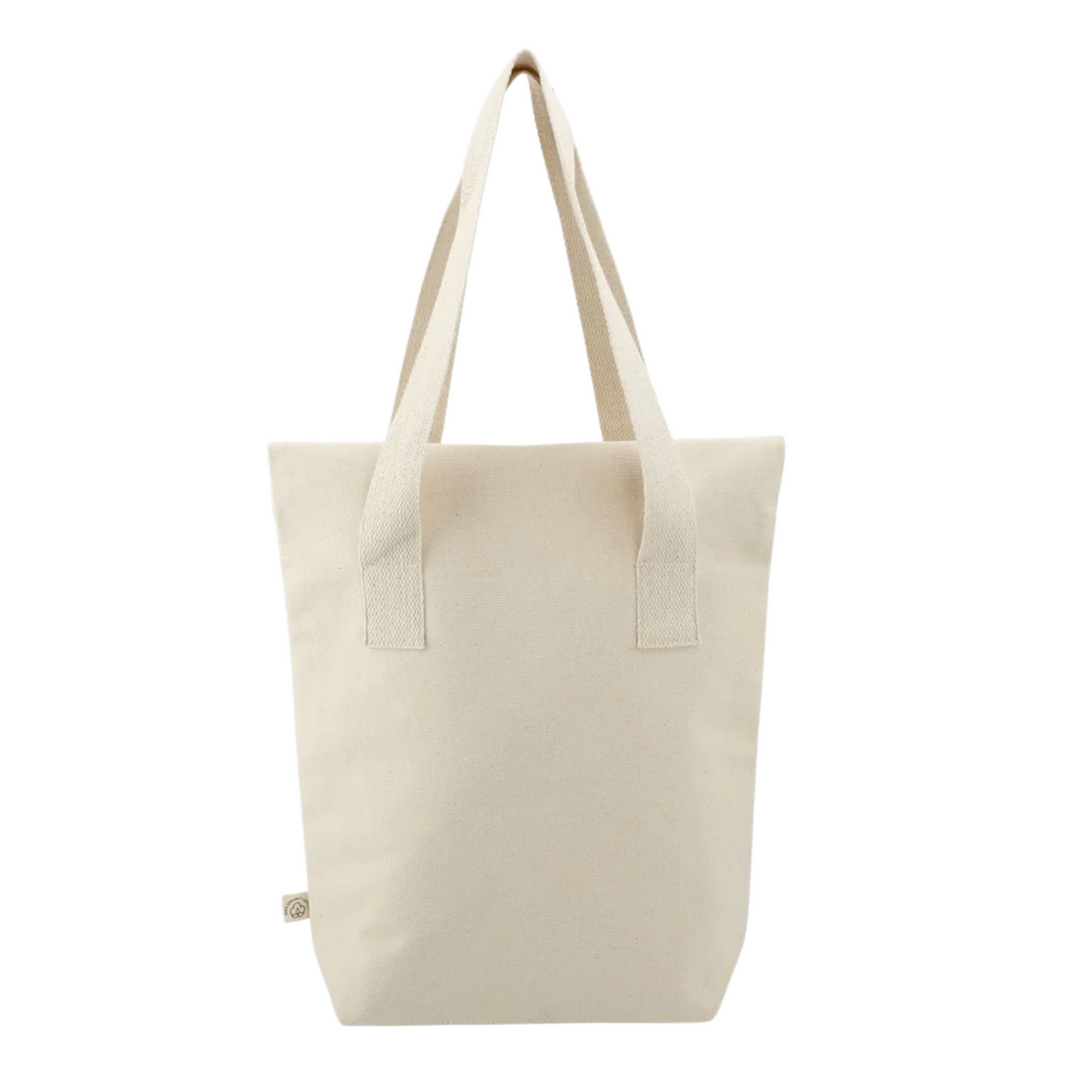 Back view of 'One More Chapter' Organic Cotton Tote Bag in natural beige, featuring sturdy handles and minimalist design.
