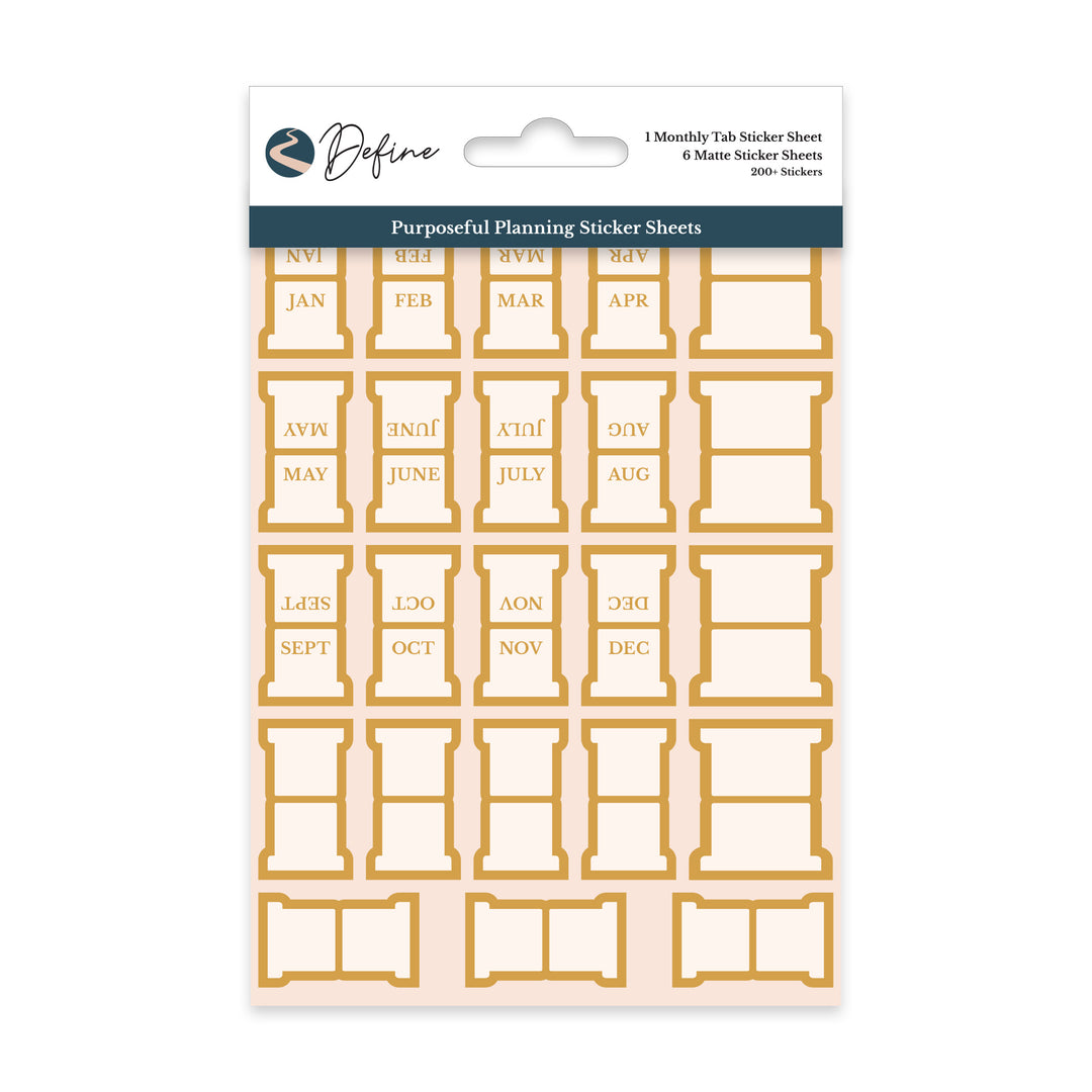Monthly tab sticker sheet from Purposeful Planning Stickers for Journals & Planners featuring gold-bordered month labels for easy organization.