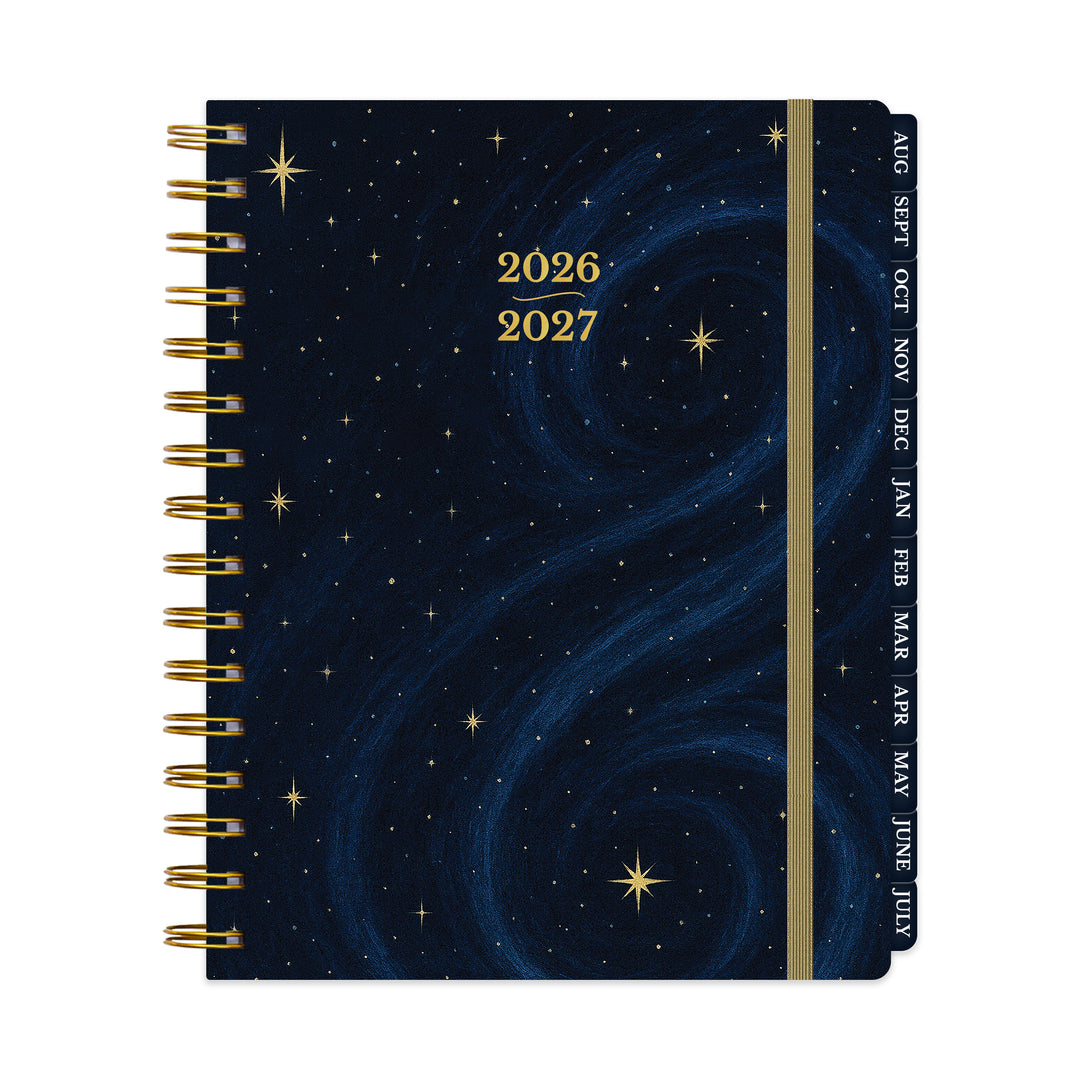 Two-year planner with starry night design and gold spiral binding on a white background #color_midnight-galaxy