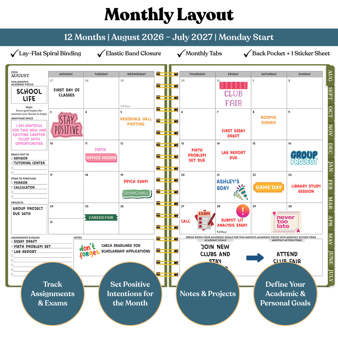 Monthly layout planner with colorful notes and goals for 2026-2027 academic year. #color_botanical-meadow
