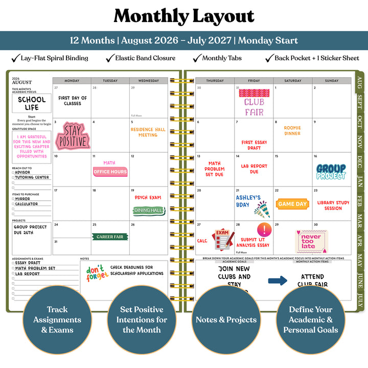 Monthly layout planner with colorful notes and goals for 2026-2027 academic year. #color_botanical-meadow
