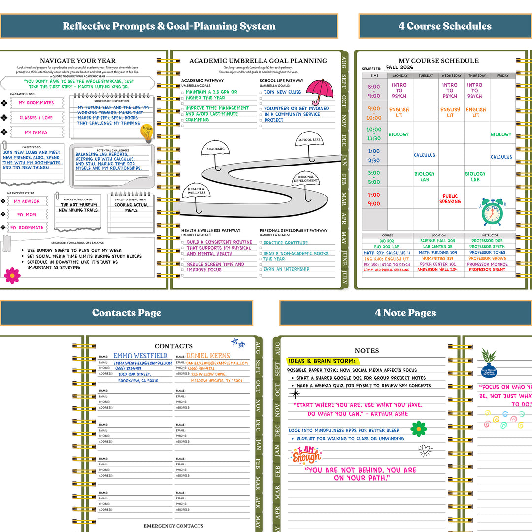 Multifunctional planner with goal planning, course schedules, contacts page, and notes pages. #color_botanical-meadow