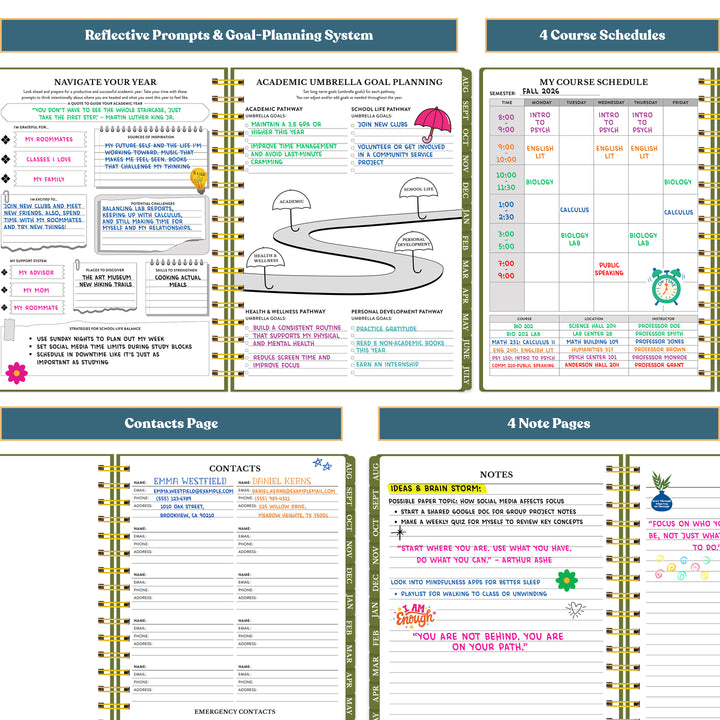 Multifunctional planner with goal planning, course schedules, contacts page, and notes pages. #color_botanical-meadow