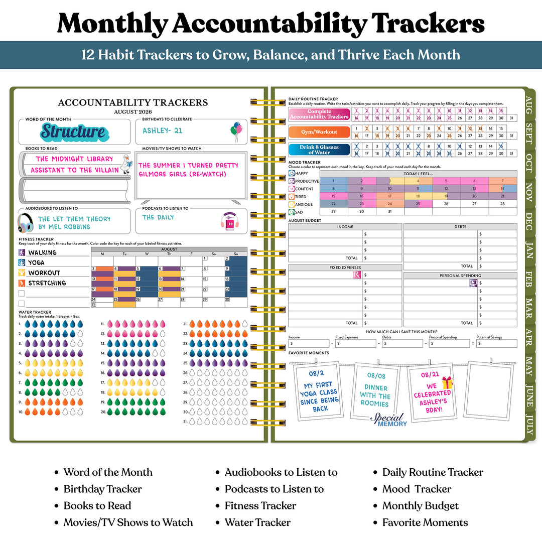 Monthly accountability tracker with various habit tracking sections on a white background #color_botanical-meadow
