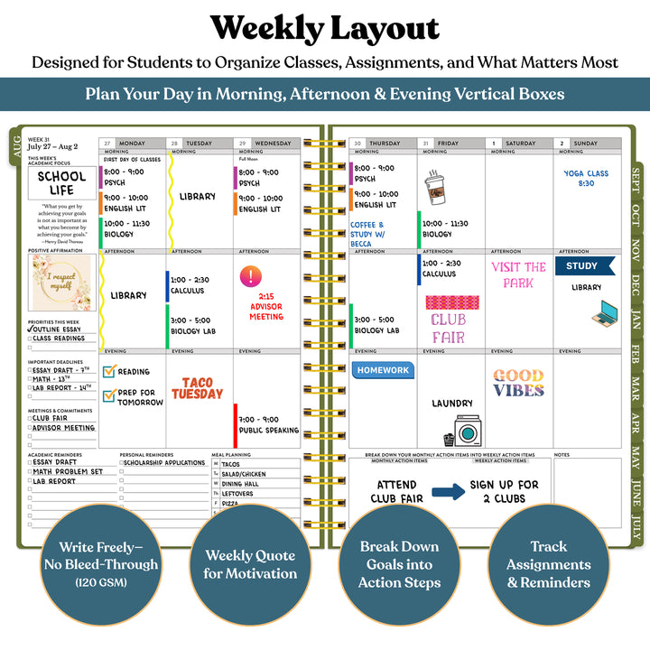 Weekly layout planner for students with daily activities and motivational quotes. #color_botanical-meadow
