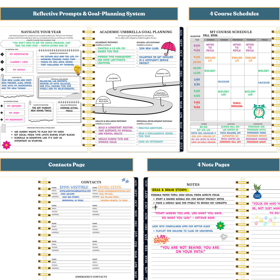 Multifunctional planner with various sections including reflective prompts, goal planning, course schedules, contacts page, and note pages. #color_midnight-galaxy
