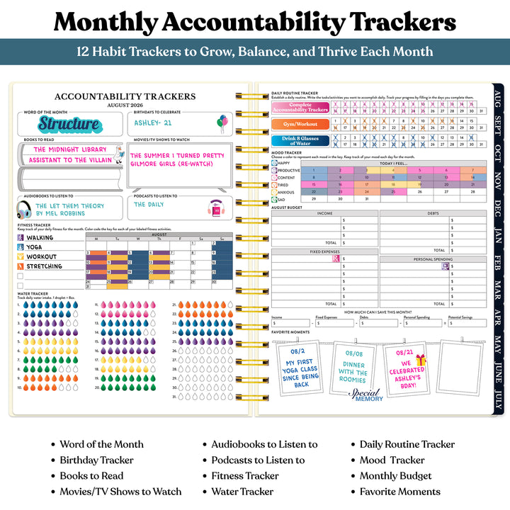 Monthly accountability tracker with various habit tracking sections on a white background #color_midnight-galaxy