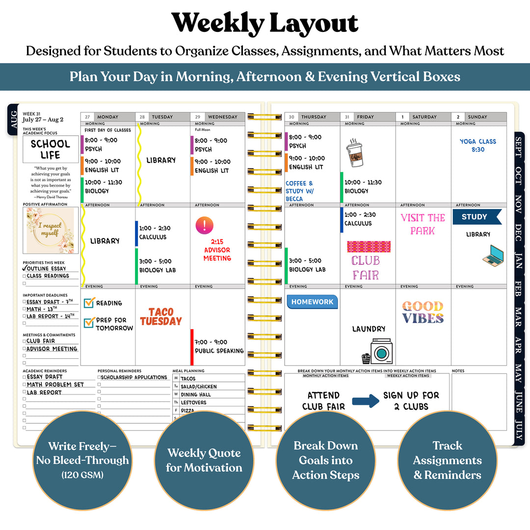 Weekly layout planner for students with daily activities and motivational quotes. #color_midnight-galaxy