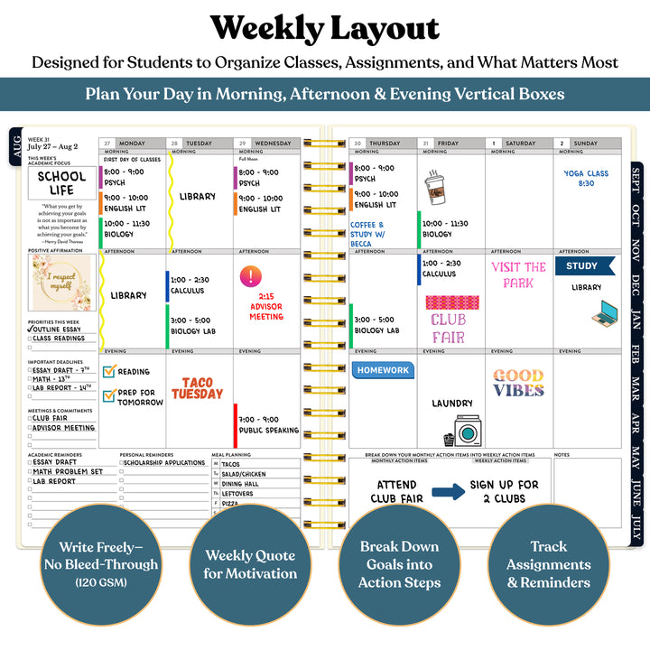 Weekly layout planner for students with daily activities and motivational quotes. #color_midnight-galaxy