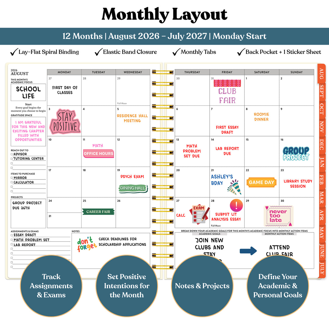 Monthly layout planner with colorful notes and goals for 2026-2027 academic year. #color_modern-mosaic
