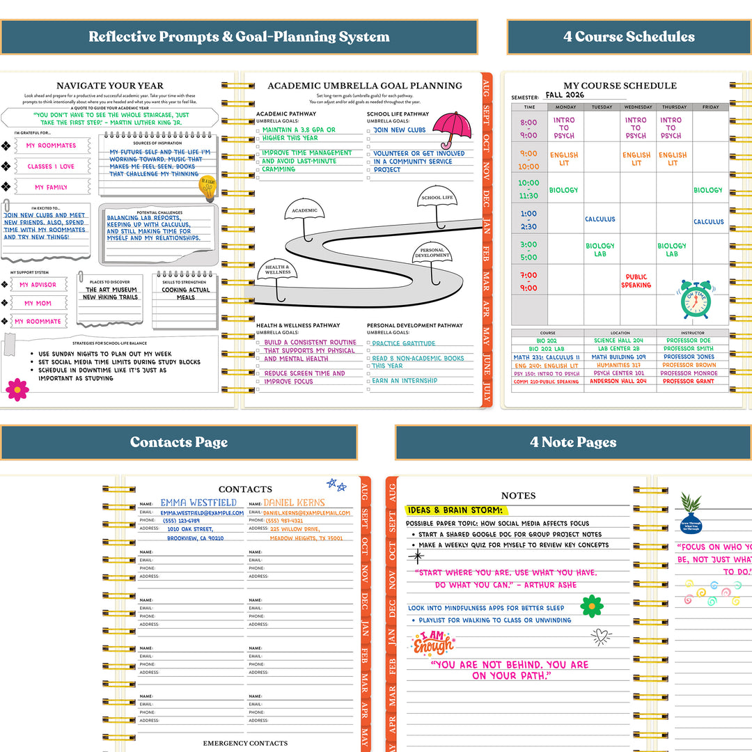 Multifunctional planner with various sections including reflective prompts, goal planning, course schedules, contacts page, and note pages. #color_modern-mosaic