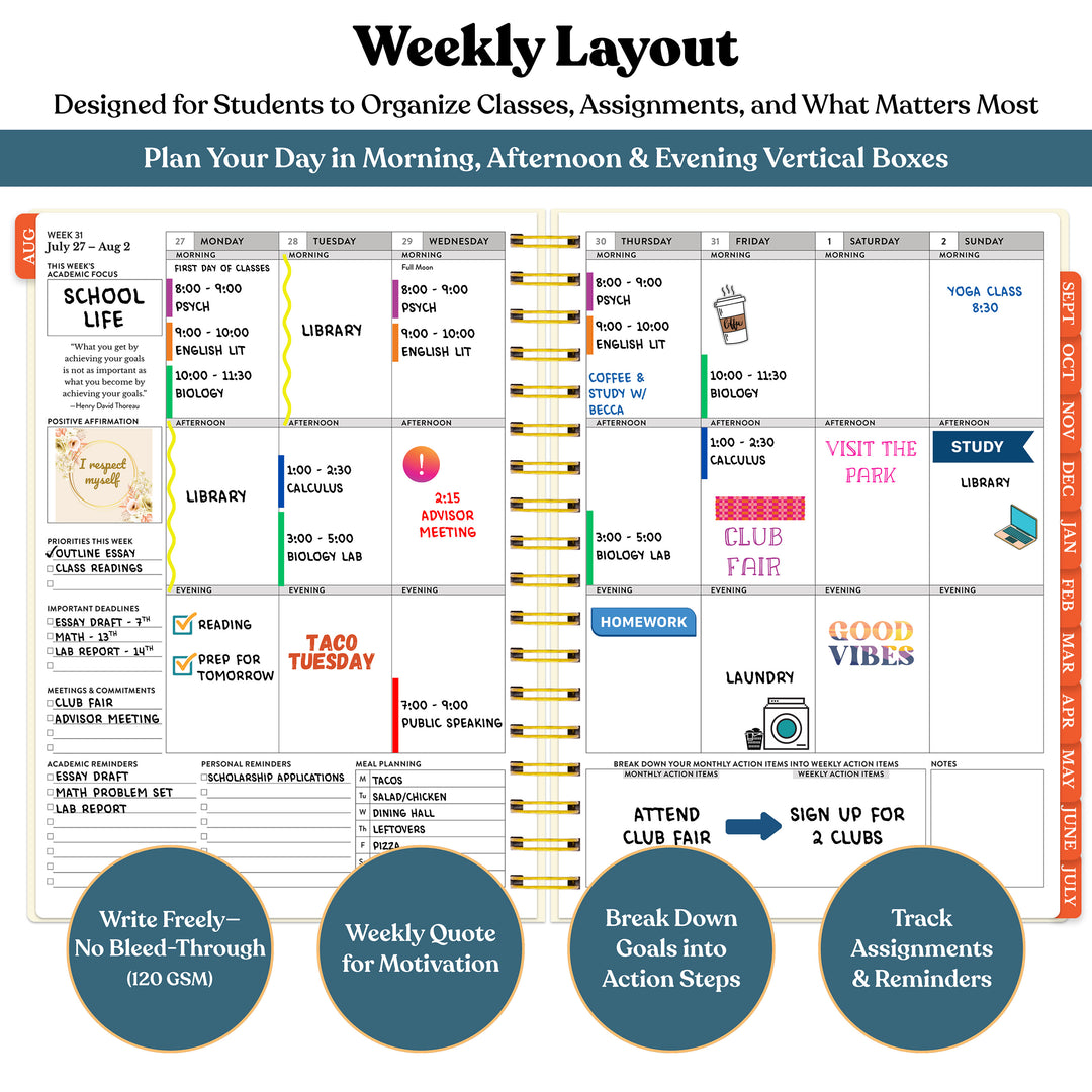 Weekly layout planner for students with daily activities and motivational quotes. #color_modern-mosaic