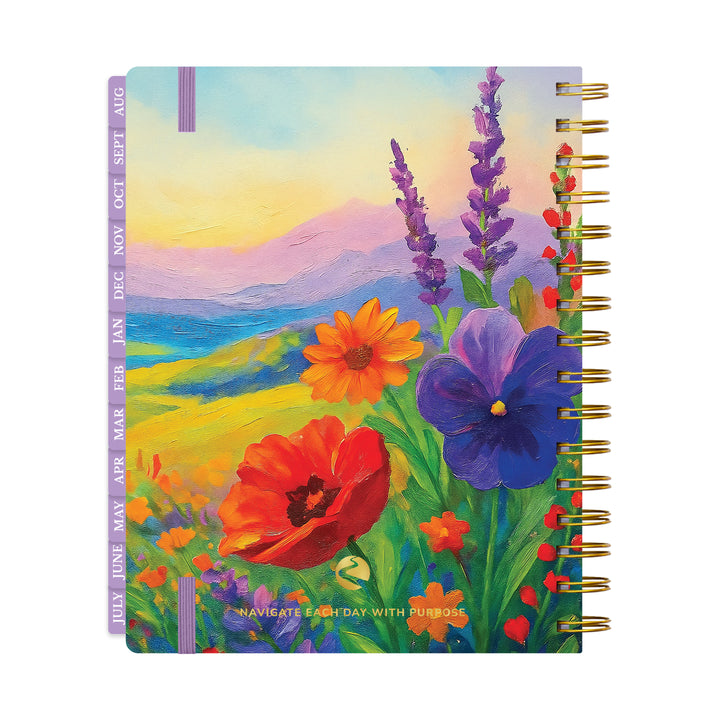 Planner back cover with colorful floral design and mountain landscape #color_morning-glow