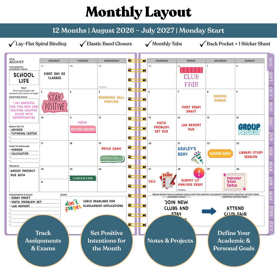 Monthly layout planner with colorful notes and goals for 2026-2027 academic year. #color_morning-glow