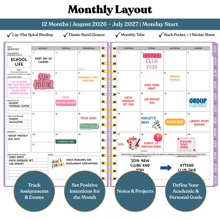 Monthly layout planner with colorful notes and goals for 2026-2027 academic year. #color_morning-glow