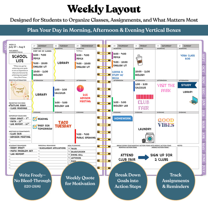 Weekly layout planner for students with daily activities and motivational quotes. #color_morning-glow