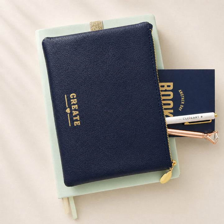 Front view of the Blue Planny Pouch  wrapped around a book 