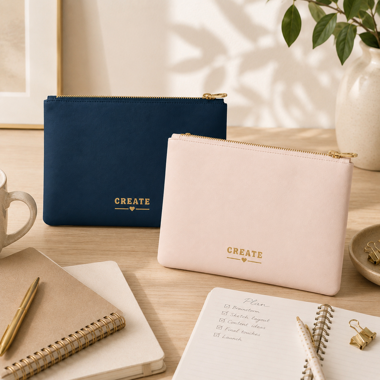 Two pouches, one blue and one pink, with 'CREATE' printed on them, placed on a desk with stationery items.