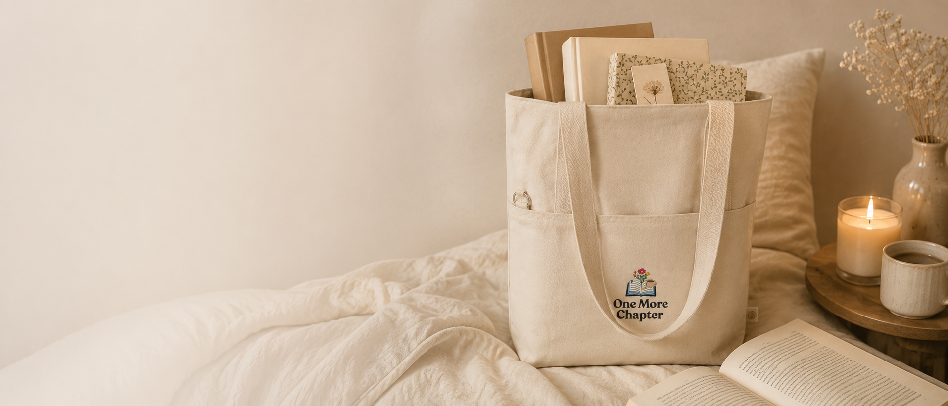 Beige tote bag with 'One More Chapter' logo on a bed with books and a candle.
