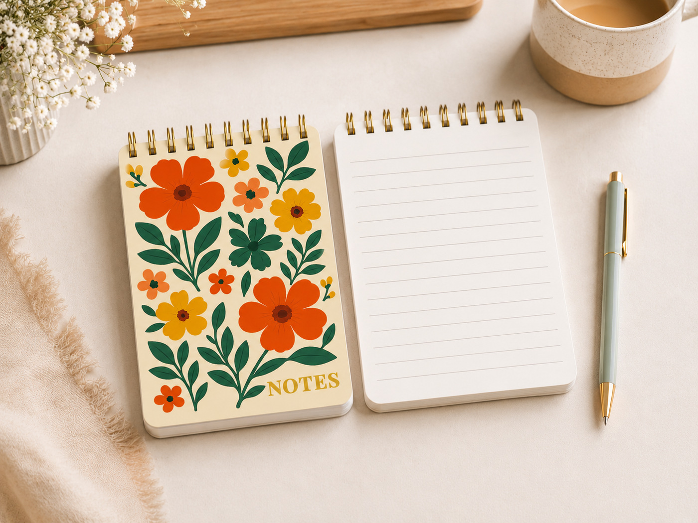 Notebook with floral design and 'NOTES' text on a light surface with a pen and mug.