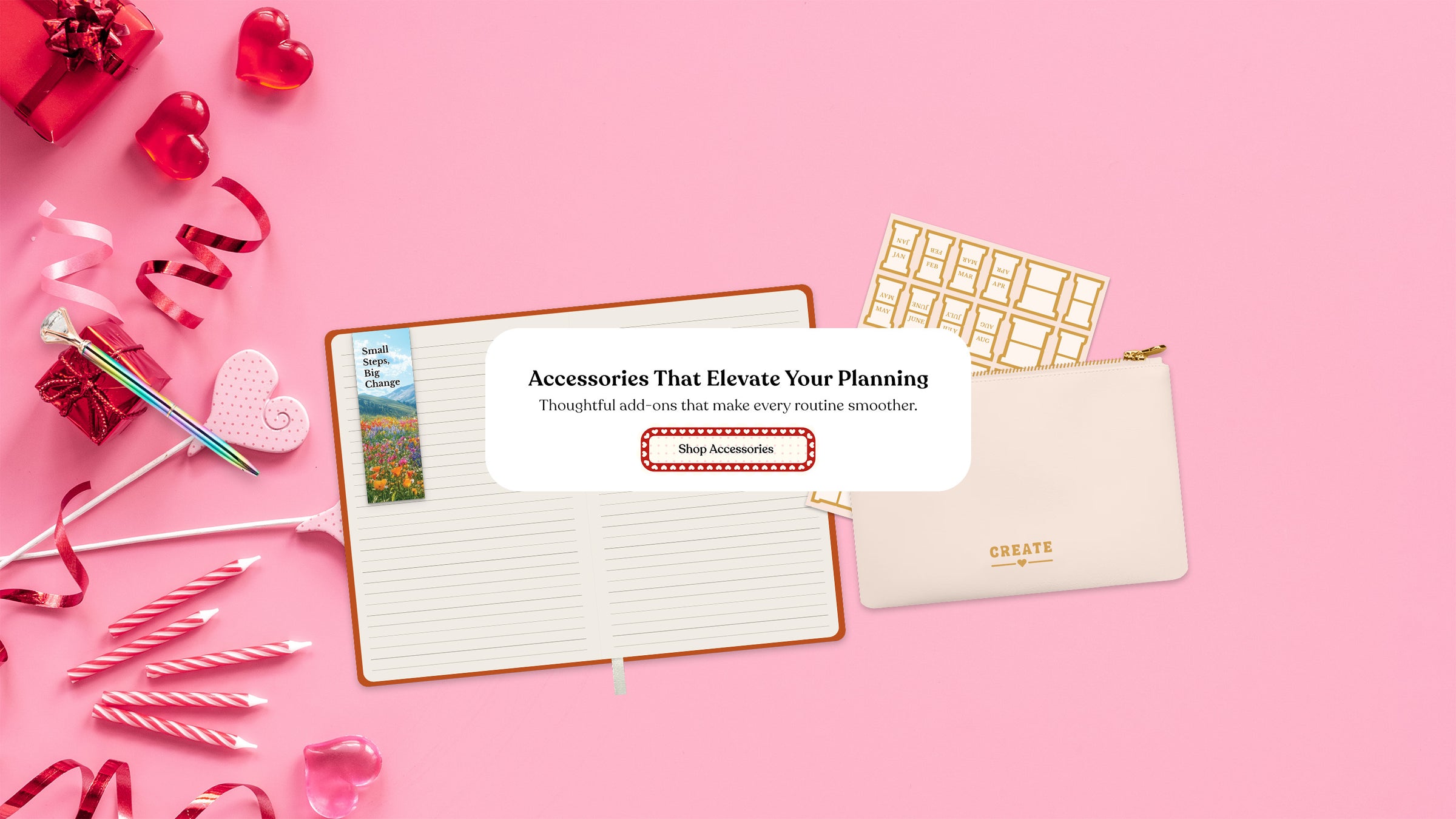 Journal, pencil, and pouch on a pink background with promotional text overlay.