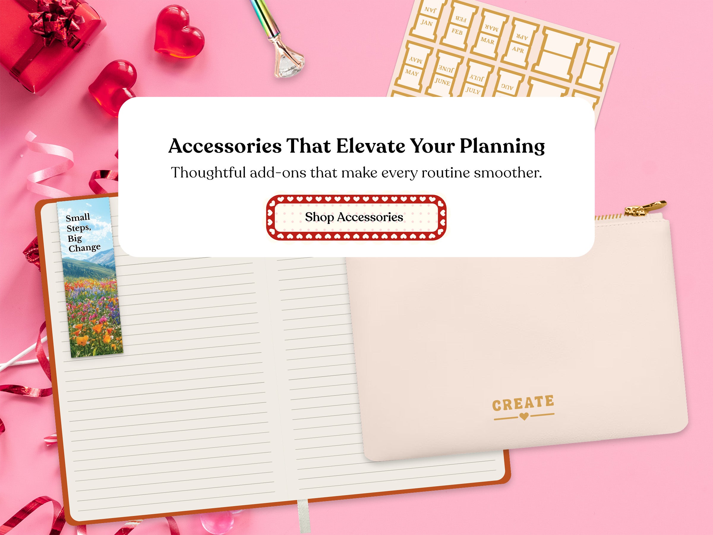 Journal and pouch with decorative elements on a pink background