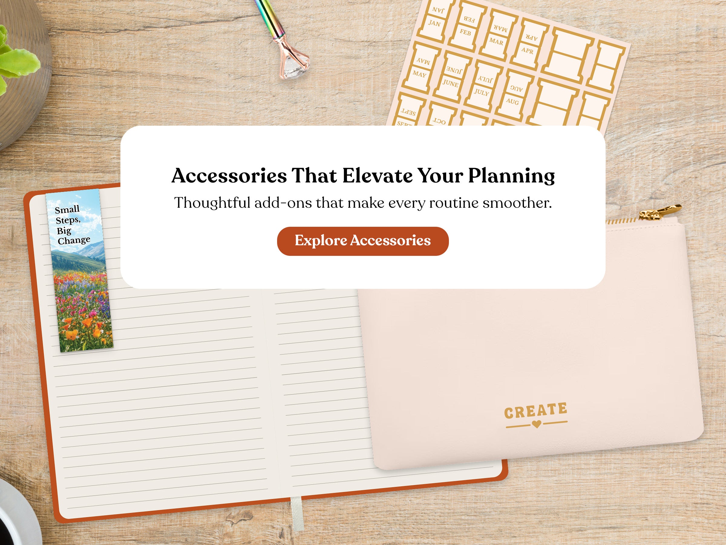 Notebook, pouch, and stationery items on a wooden surface with promotional text overlay.