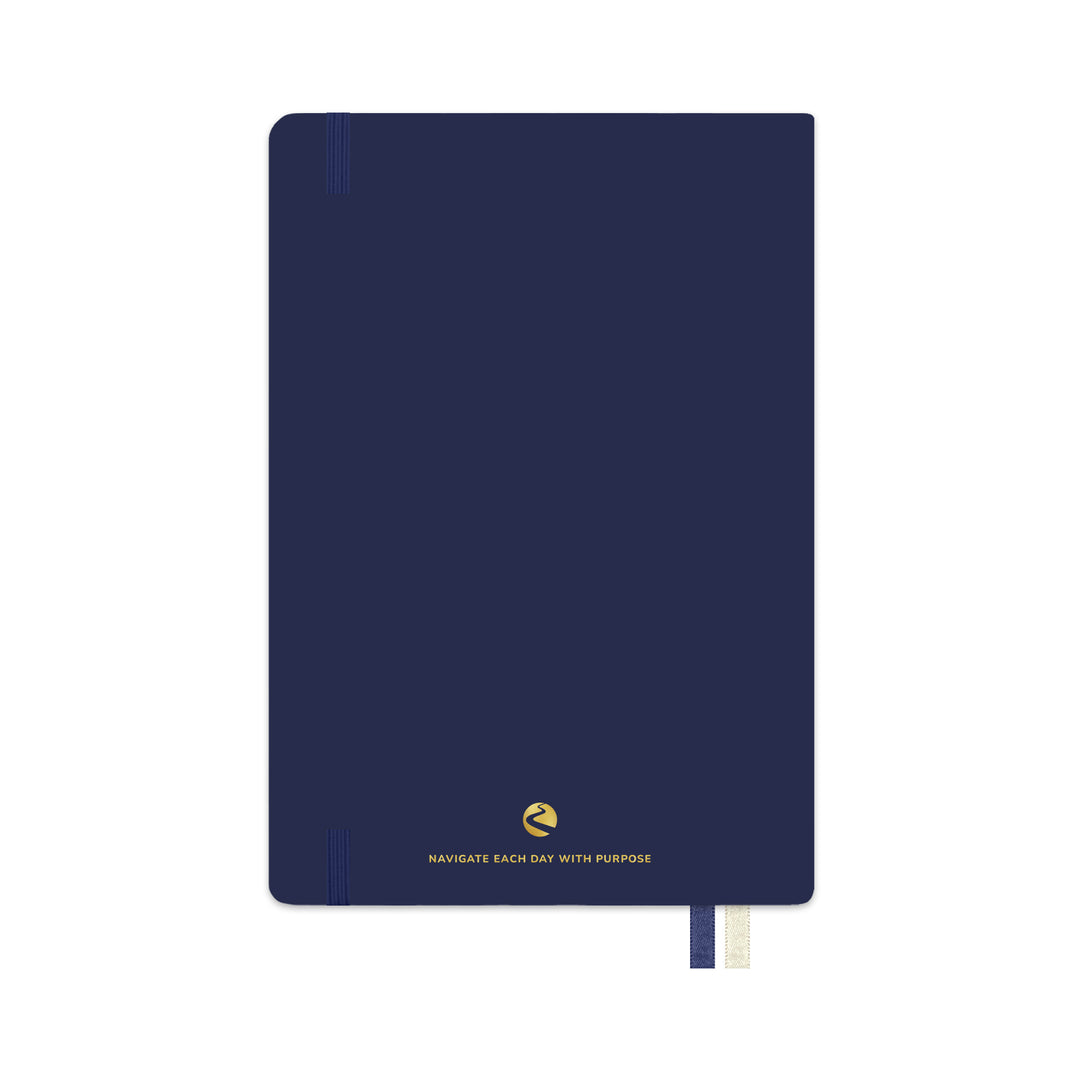 Blue notebook with gold text on a white background 