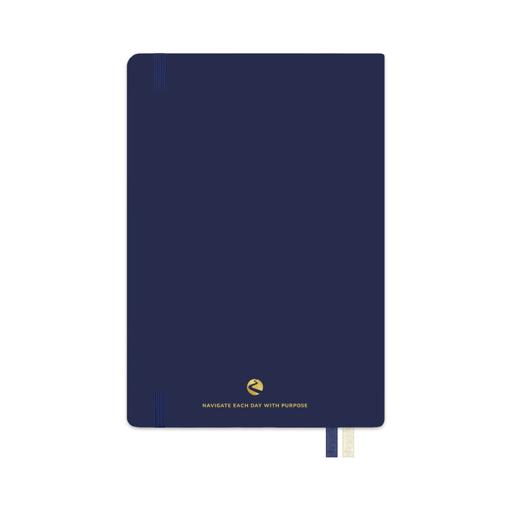 Blue notebook with gold text on a white background 