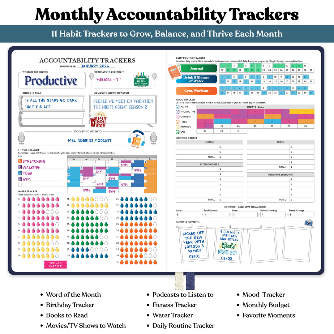 Monthly accountability tracker with various habit tracking sections on a white background 