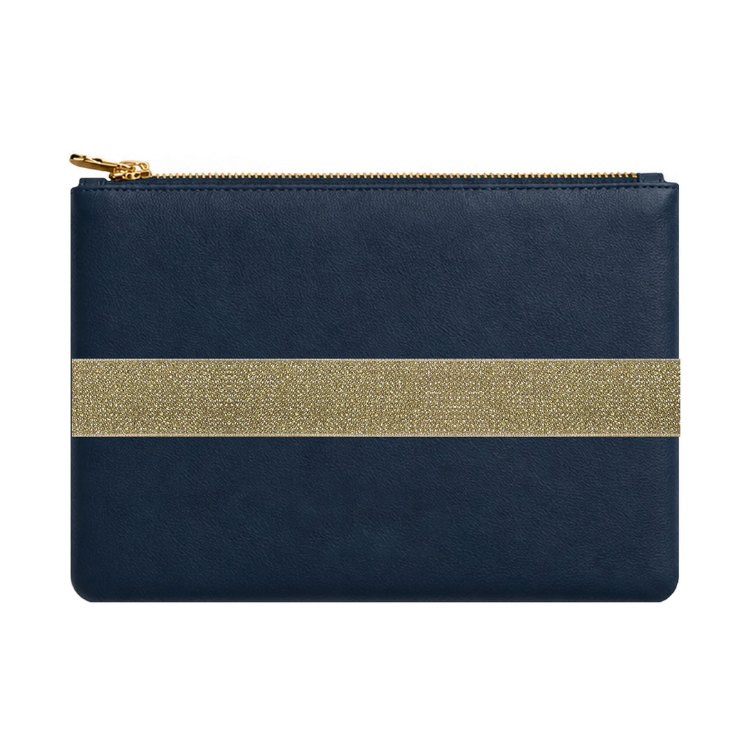 Navy pouch with a gold stripe on a white background 