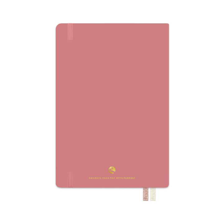 Pink notebook with a visible brand logo on a white background 