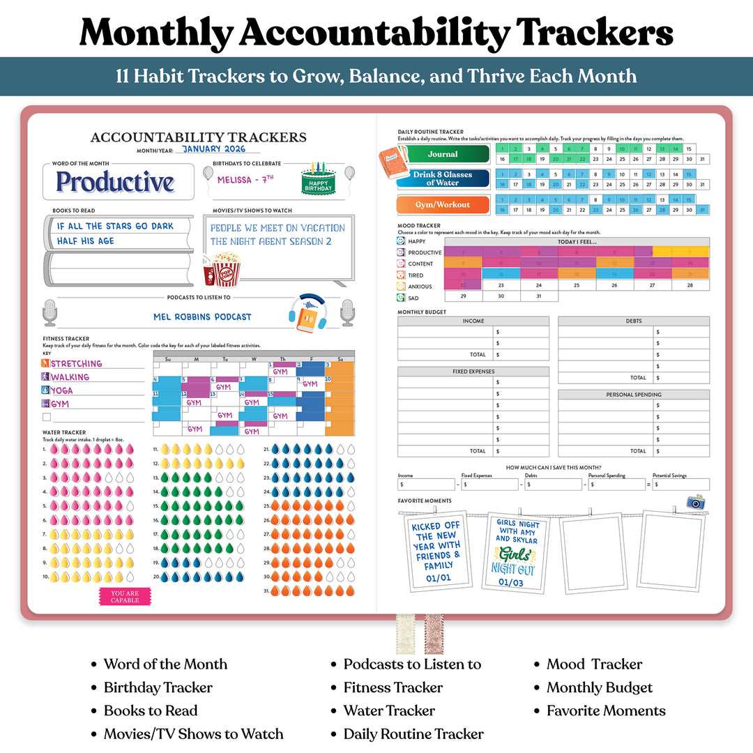 Monthly accountability tracker with various habit tracking sections. 