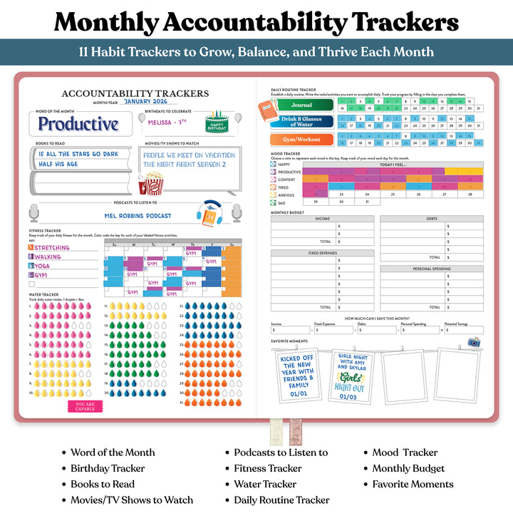 Monthly accountability tracker with various habit tracking sections. 