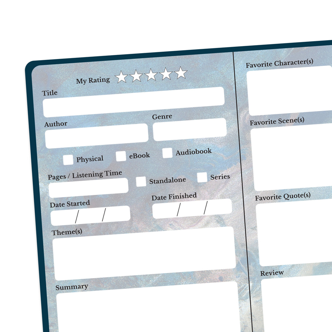 Closeup of a page in the book booklet that includes space for rating, author, genre, summary, themes, and more prompts  #color_book-edition