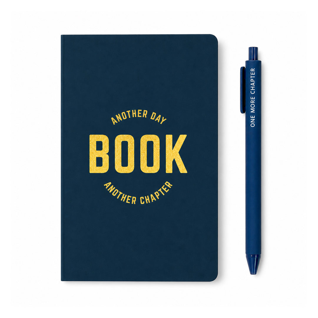 Blue notebook with yellow text and a matching pen on a white background 