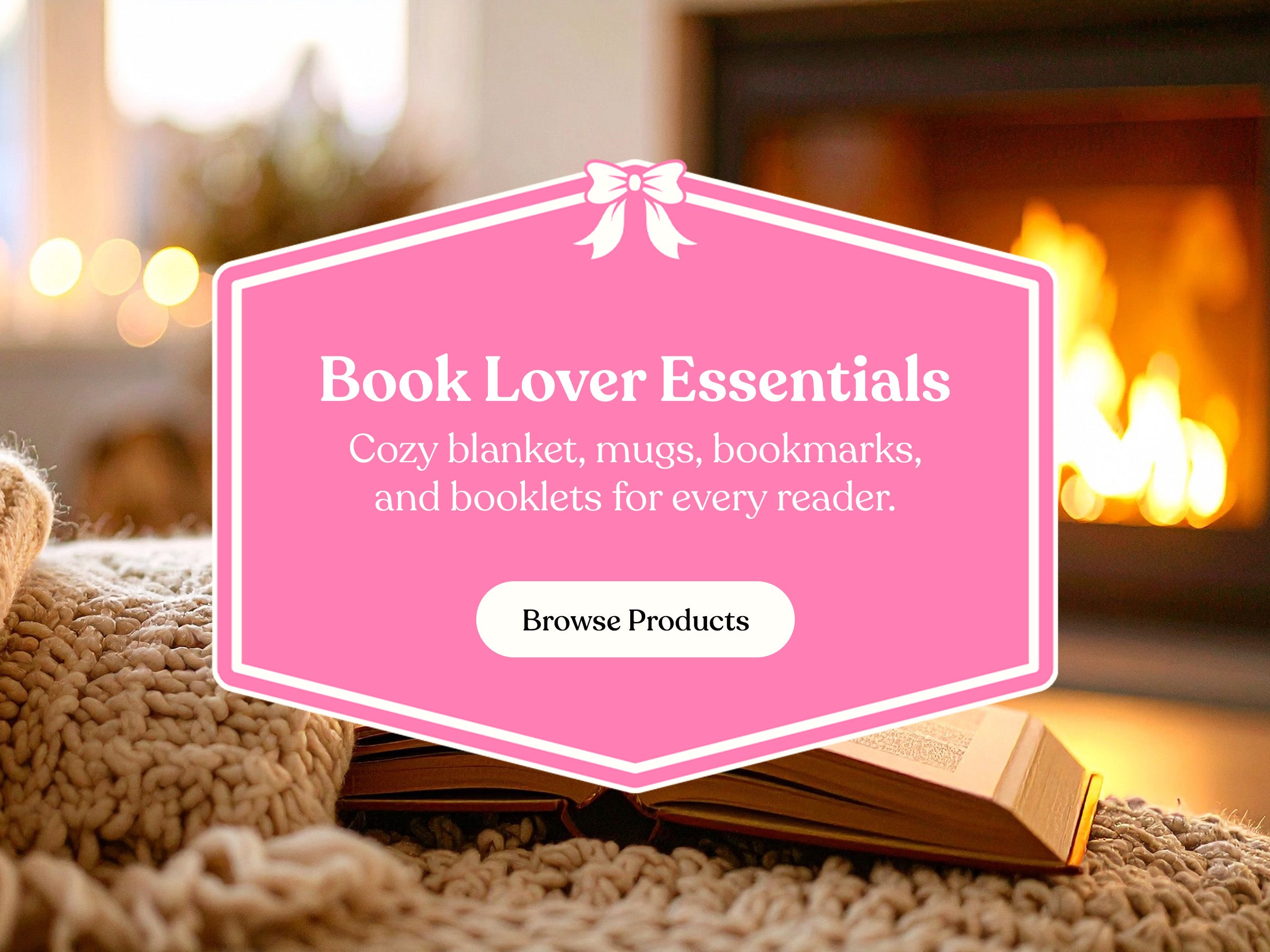 Book with a pink label overlay in a cozy room with a fireplace.