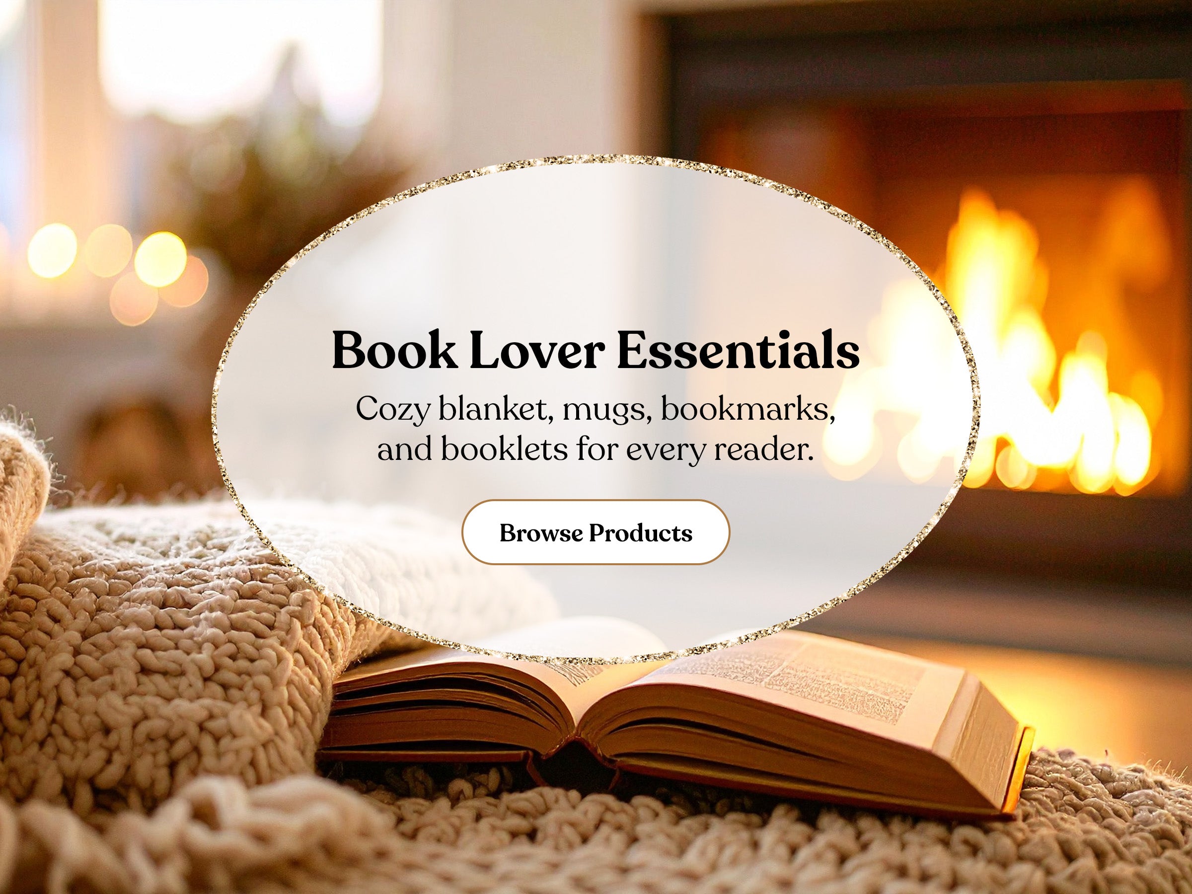 Open book on a cozy blanket with a fireplace in the background, featuring text about book lover essentials.