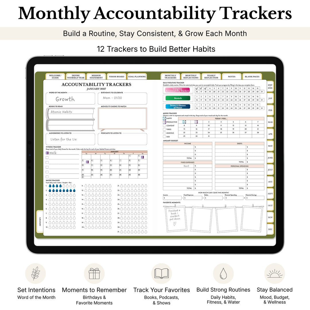 Accountability trackers in the 2027 digital planner and callouts of the features 