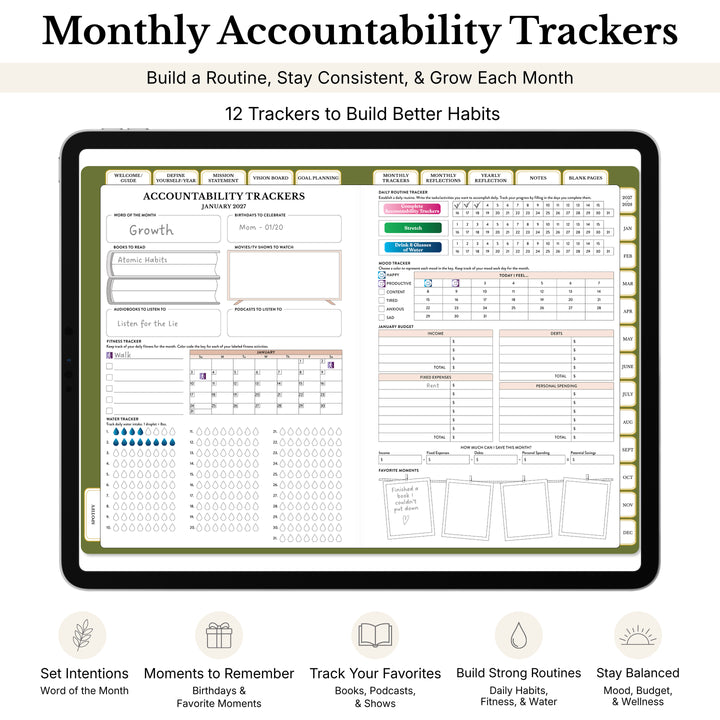 Accountability trackers in the 2027 digital planner and callouts of the features 