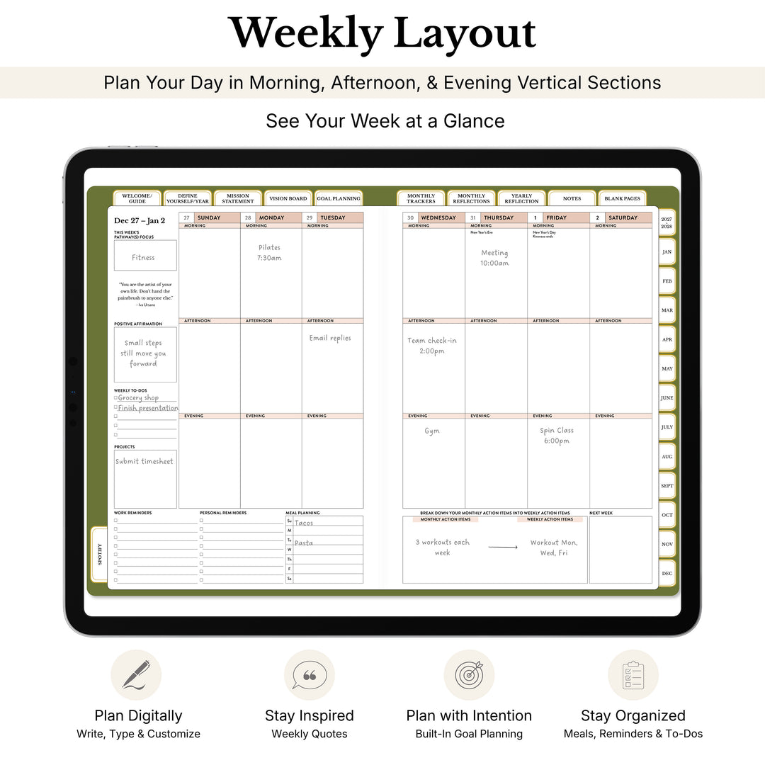 Weekly calendar layout in the 2027 digital planner 
