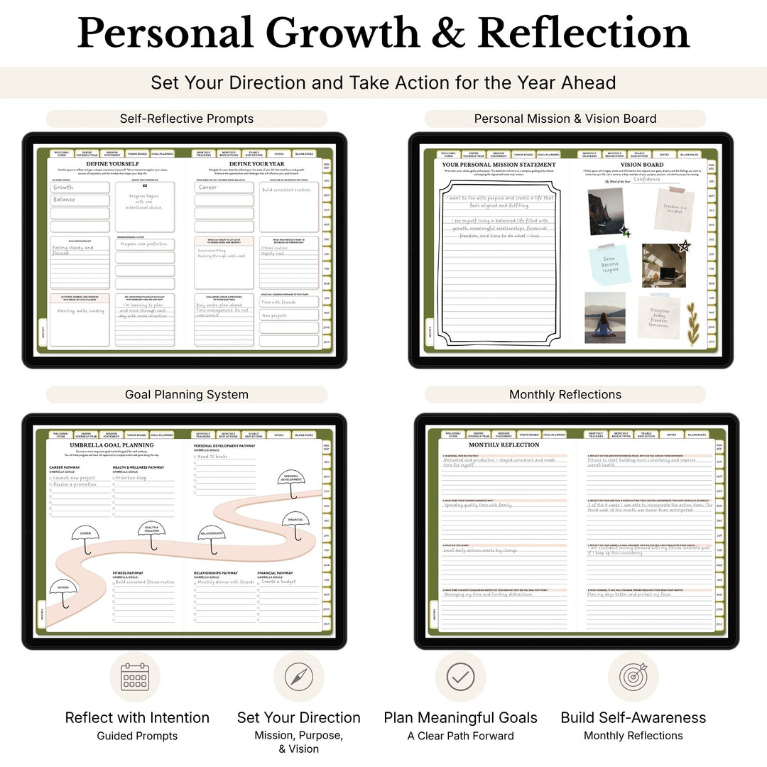 Personal growth and reflection planner with various sections on a white background 