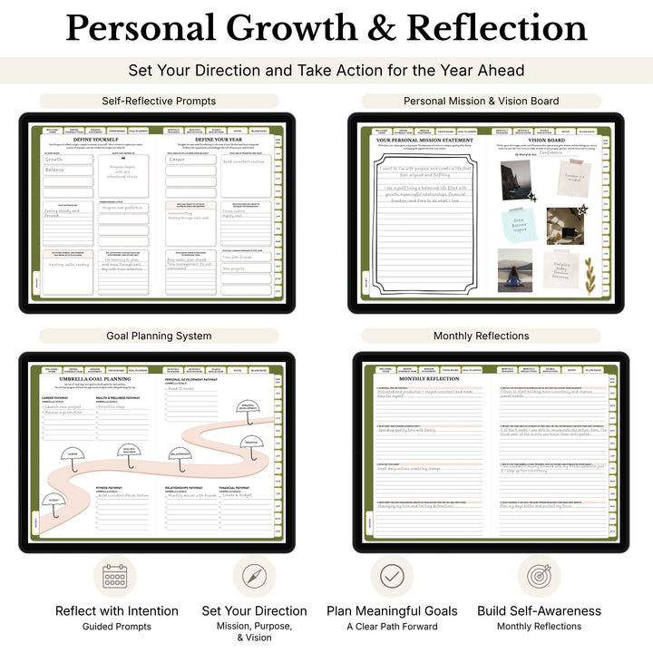 Personal growth and reflection planner with various sections on a white background 