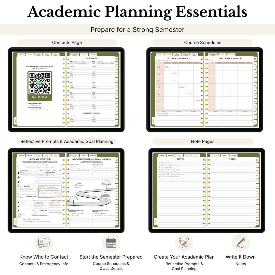 Academic planner with various sections for planning and organization. 